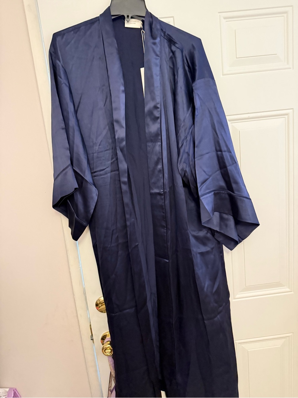 Cozy Earth Long Navy Silk Robe Small